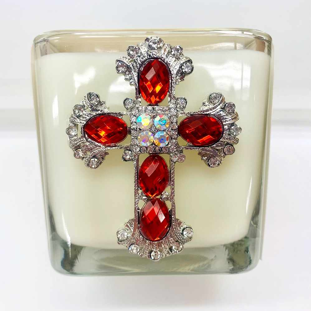 AGAPE - JEWELED CROSS CANDLE -Silvertone