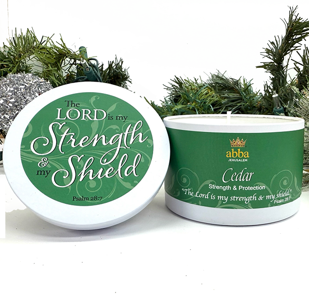 CEDAR SCRIPTURE TIN - "THE LORD IS MY STRENGTH & SHIELD" - 8 oz