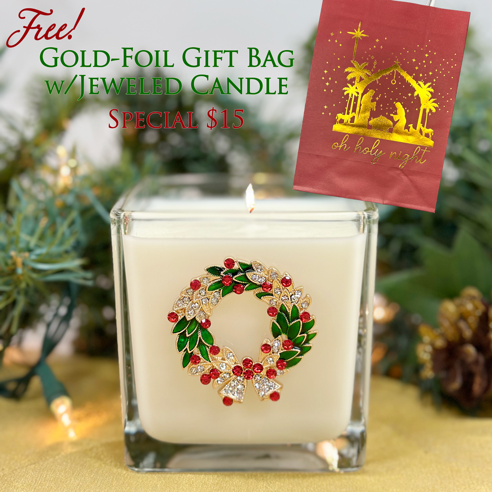 FREE GOLDEN NATIVITY GIFT BAG W/ JEWELED WREATH CANDLE - CHRISTMAS CHEER
