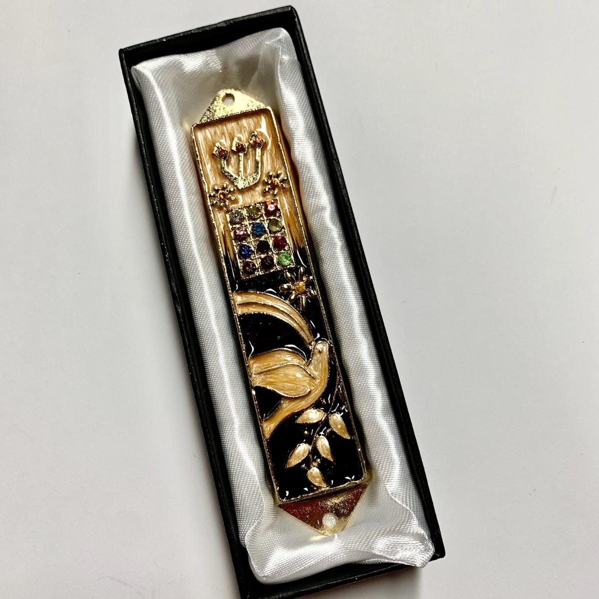 Mezuzah - Dove with Olive Branch with Adorned Hoshen - AMBER