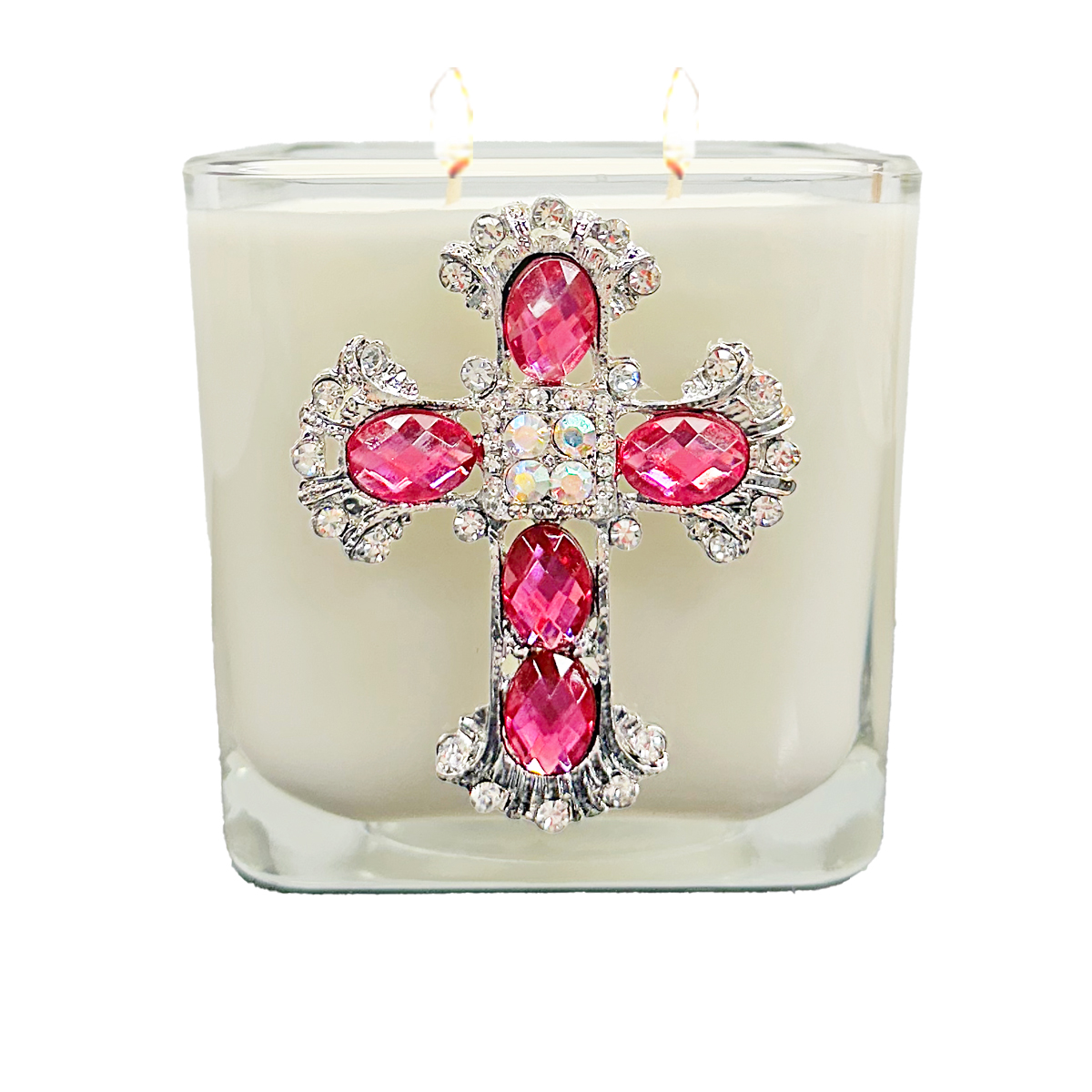 ROSE PINK CRYSTAL JEWELED CROSS CANDLE