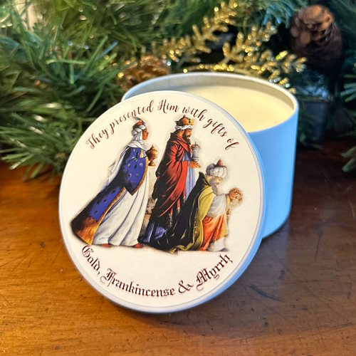 "GOLD, FRANKINCENSE & MYRRH" CANDLE TIN - FRANKINCENSE & MYRRH 8 OZ