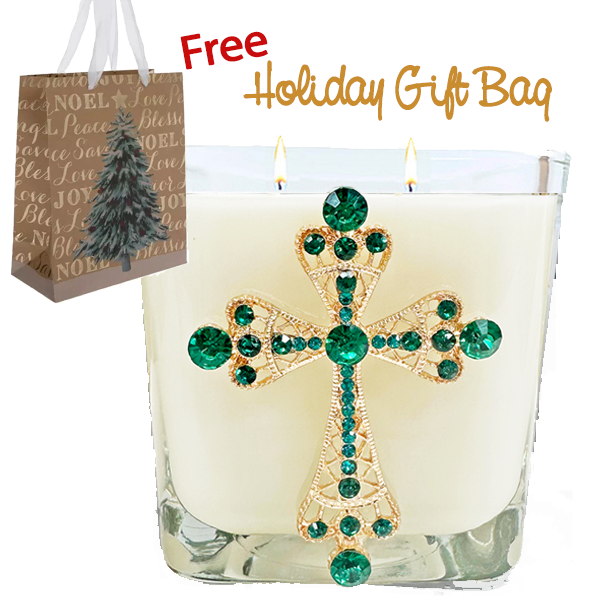 SAVE $7! CEDAR EMERALD CROSS CANDLE W/ FREE GIFT BAG