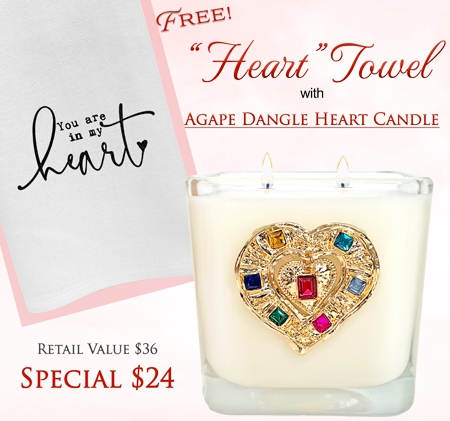 "FREE" HAND TOWEL  w/ AGAPE DANGLE HEART CANDLE  - LARGE