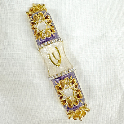MEZUZAH - PURPLE & IVORY JEWELED, 2 STARS OF DAVID