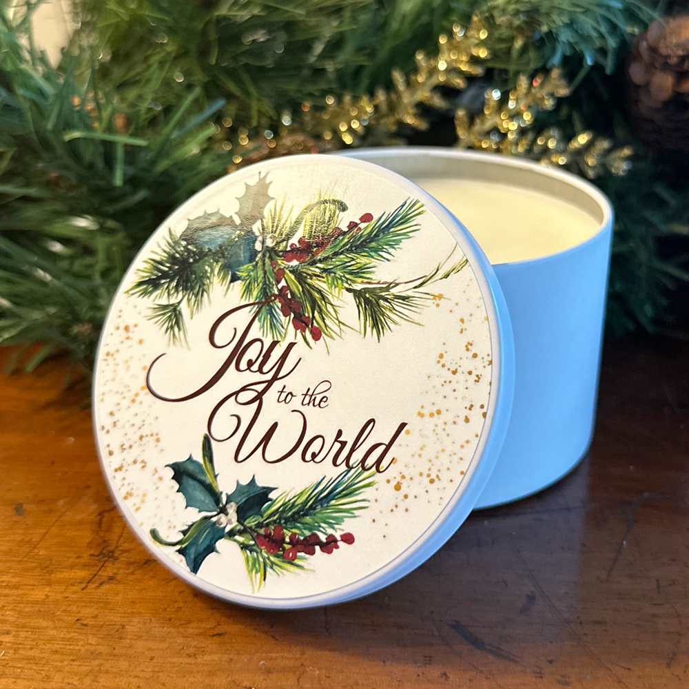 "JOY TO THE WORLD" CANDLE TIN - HOLLY BERRY 8 oz