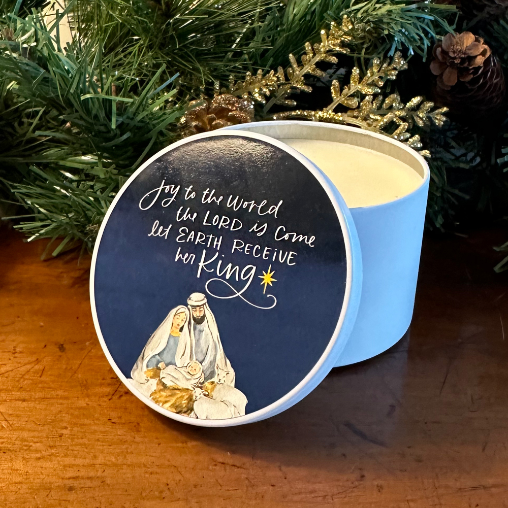 "JOY TO THE WORLD THE LORD IS COME" CANDLE TIN - VANILLA MYRRH 8 OZ