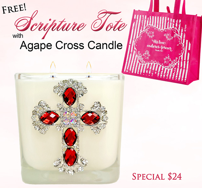 FREE TOTE "LOVE ENDURES" with AGAPE - JEWELED CROSS CANDLE -Silvertone